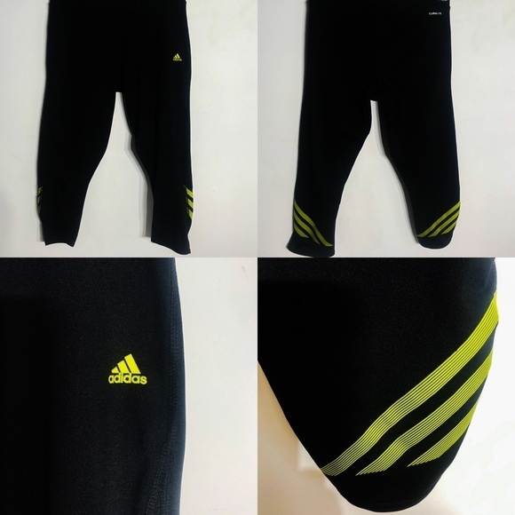 Adidas Black & lime cropped stripe legging active wear pants small - Picture 1 of 8